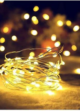 Светодиодная гирлянда капля росы нить 5 м 50 led батарейки 2шт аа желтый теплый свет4 фото