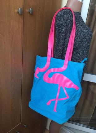 Большая натуральная летняя сумка с фламинго