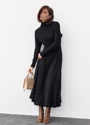 Теплое платье миди с резинкой на талии - черный цвет, s (есть размеры)5 фото