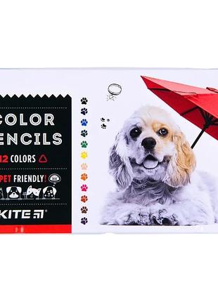Карандаши цветные трёхгранные kite dogs k22-058-1, 12 цветов, металлический пенал (4063276094568)
