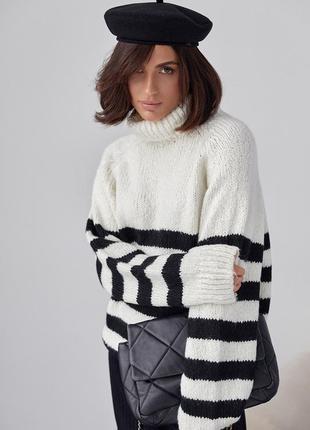 Вязаный женский свитер в полоску - молочный цвет, l (есть размеры)2 фото