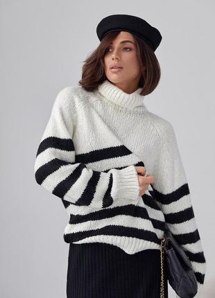 Вязаный женский свитер в полоску - молочный цвет, l (есть размеры)5 фото