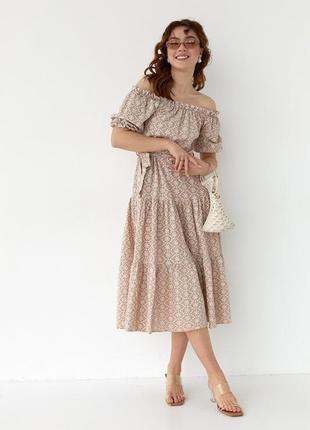 Летнее платье миди с открытыми плечами - кофейный цвет, l (есть размеры)6 фото