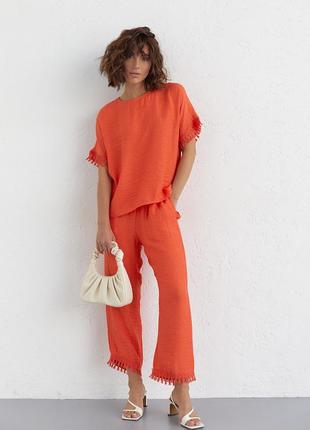 Женский брючный костюм с бахромой - оранжевый цвет, l (есть размеры)