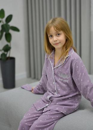 Стильная детская пижама 140-158 для девочки на пуговицах флис -рубчик (штаны и кофта) фіолет5 фото