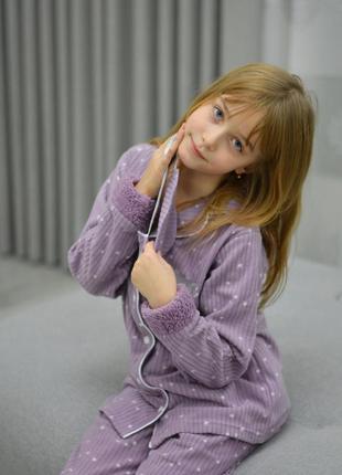 Стильная детская пижама 140-158 для девочки на пуговицах флис -рубчик (штаны и кофта) фіолет4 фото