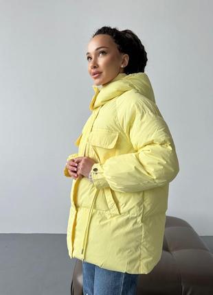 Женская теплая оверсайз лимонная желтая куртка парка на затяжках в талии 20242 фото