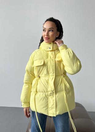 Женская теплая оверсайз лимонная желтая куртка парка на затяжках в талии 20247 фото