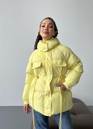 Женская теплая оверсайз лимонная желтая куртка парка на затяжках в талии 20248 фото
