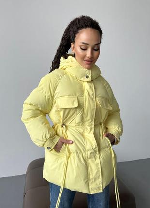 Женская теплая оверсайз лимонная желтая куртка парка на затяжках в талии 20249 фото