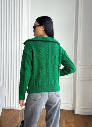 Теплый свитер текстурной вязки с воротником с молнией манжетами на рукавах и по низу свитера6 фото