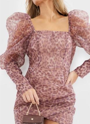 Міні сукня з об'ємними рукавами буфи, відкрита спина, леопардовий принт, органза6 фото