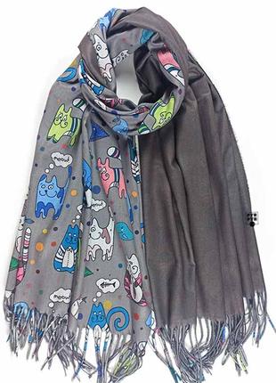 Палантин шарф большой кашемир кашемировый cashmere двухсторонний с кошками теплый