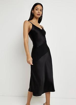 Черное атласное платье- комбинация миди1 фото