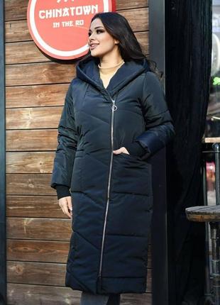 Жіноче стьобане пальто з капюшоном 42/90/0031 куртка довга зима (48-50; 52-54; 56-58 великі розміри )5 фото