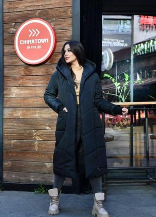 Жіноче стьобане пальто з капюшоном 42/90/0031 куртка довга зима (48-50; 52-54; 56-58 великі розміри )8 фото
