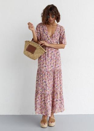 Длинное платье с оборкой и цветочным принтом - лавандовый цвет, xs (есть размеры)6 фото