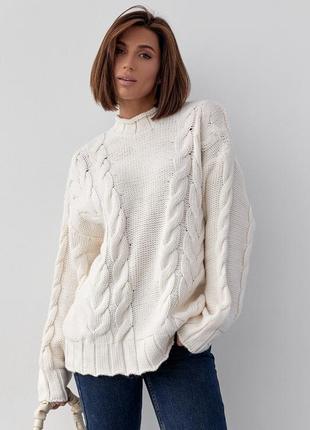 В'язаний светр із косами oversize — кремовий колір, l (є розміри)1 фото