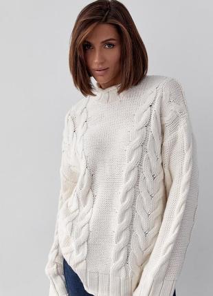 В'язаний светр із косами oversize — кремовий колір, l (є розміри)7 фото