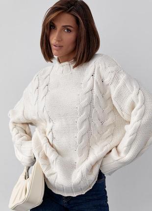 В'язаний светр із косами oversize — кремовий колір, l (є розміри)8 фото