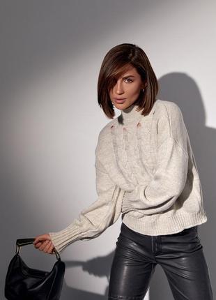 Вязаный женский свитер с косами - бежевый цвет, l (есть размеры)9 фото