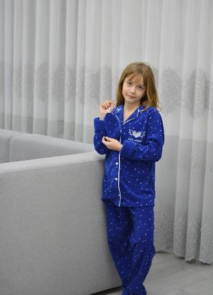 Стильная детская пижама 140-158 для девочки на пуговицах флис -рубчик (штаны и кофта) синя