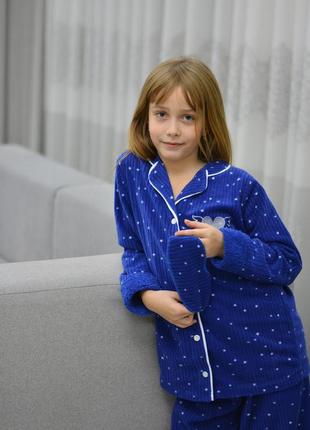 Стильная детская пижама 140-158 для девочки на пуговицах флис -рубчик (штаны и кофта) синя3 фото
