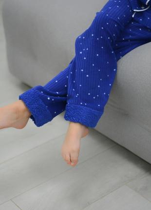 Стильная детская пижама 140-158 для девочки на пуговицах флис -рубчик (штаны и кофта) синя5 фото