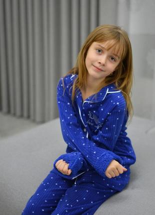 Стильная детская пижама 140-158 для девочки на пуговицах флис -рубчик (штаны и кофта) синя10 фото