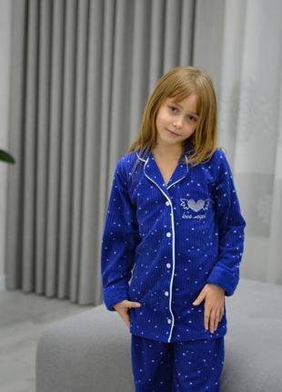 Стильная детская пижама 140-158 для девочки на пуговицах флис -рубчик (штаны и кофта) синя7 фото