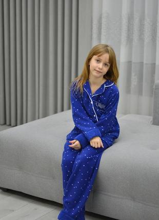 Стильная детская пижама 140-158 для девочки на пуговицах флис -рубчик (штаны и кофта) синя8 фото