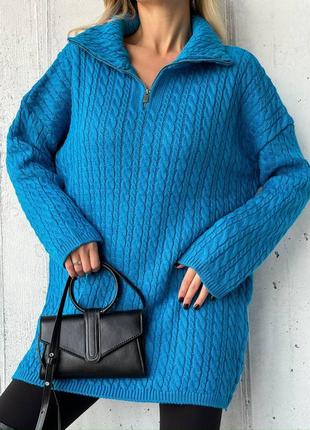 Удлиненный свитер с косами туника оверсайз с молнией молнией на шее2 фото