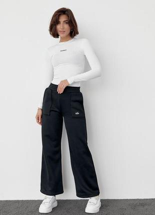 Трикотажные штаны на флисе с накладными карманами - черный цвет, m (есть размеры)3 фото