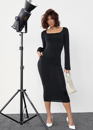 Силуэтное платье миди с квадратной горловиной - черный цвет, m (есть размеры)