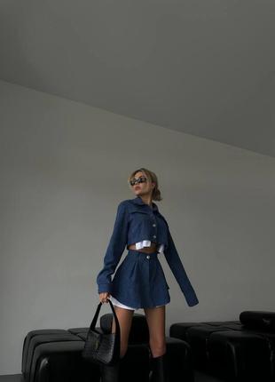 Женский супер стильный синий вельветовый костюм комплект укороченный пиджак+юбка 20244 фото