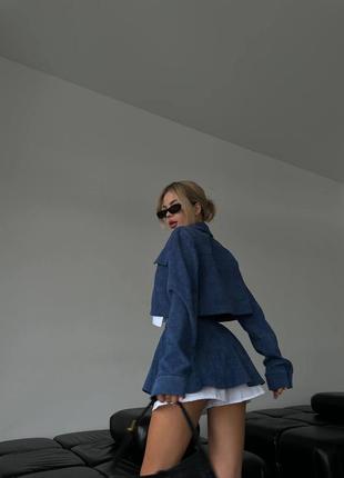 Женский супер стильный синий вельветовый костюм комплект укороченный пиджак+юбка 20246 фото