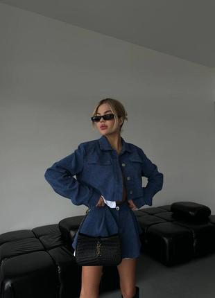 Женский супер стильный синий вельветовый костюм комплект укороченный пиджак+юбка 20247 фото