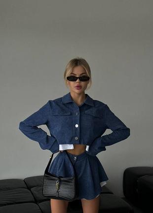 Женский супер стильный синий вельветовый костюм комплект укороченный пиджак+юбка 20249 фото