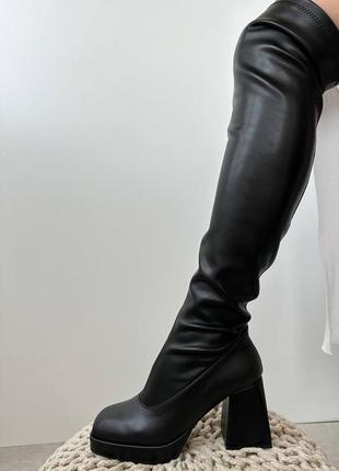 Натуральные кожаные женские ботфорты на высоком широком устойчивом каблуку в черном цвете эврозима2 фото