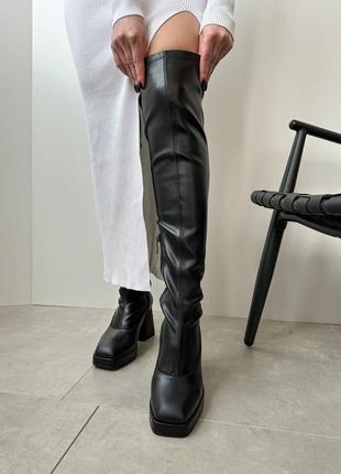 Натуральные кожаные женские ботфорты на высоком широком устойчивом каблуку в черном цвете эврозима3 фото