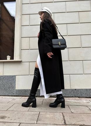 Натуральные кожаные женские ботфорты на высоком широком устойчивом каблуку в черном цвете эврозима8 фото