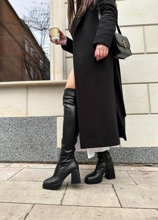 Натуральные кожаные женские ботфорты на высоком широком устойчивом каблуку в черном цвете эврозима1 фото