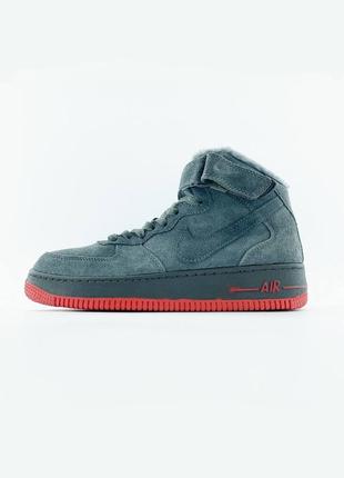 Кросівки жіночі / чоловічі сірі (графітові) замшеві теплі nike air force 1 high fur "grey/red"