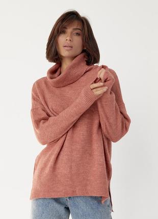 Женский свитер oversize с разрезами по бокам - коралловый цвет, l (есть размеры)5 фото