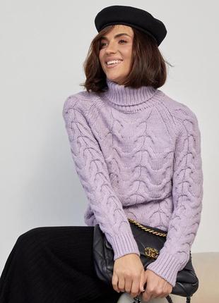 Женский свитер из крупной вязки в косичку - лавандовый цвет, l (есть размеры)1 фото