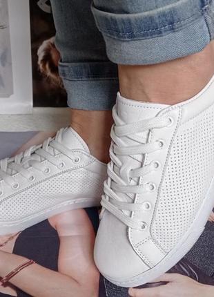 Sneakers white! сникеры кеди жіночі білі на шнурках з перфорацією шкіра натуральна 37,41