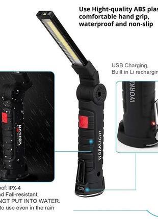 Аккумуляторный фонарь bl-w52 smd + cob светодиодный с крючком и магнитом