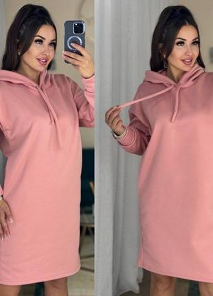 Сукня жіноча коротка до коліна тепла на флісі зимова на зиму туніка з капюшоном базова...