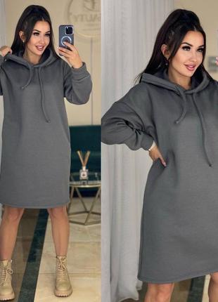 Сукня жіноча коротка до коліна тепла на флісі зимова на зиму туніка з капюшоном базова...