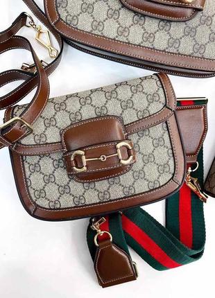 Сумка кожаная с двумя ремнями в стиле gucci коричневая6 фото